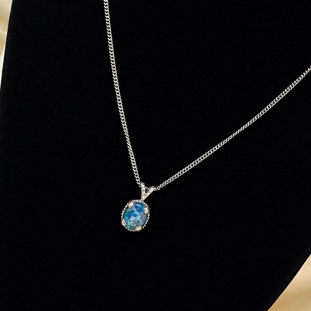 Sterling Silver Blue Mosaic Opal Pendant Necklace 20” Iridescent Oval